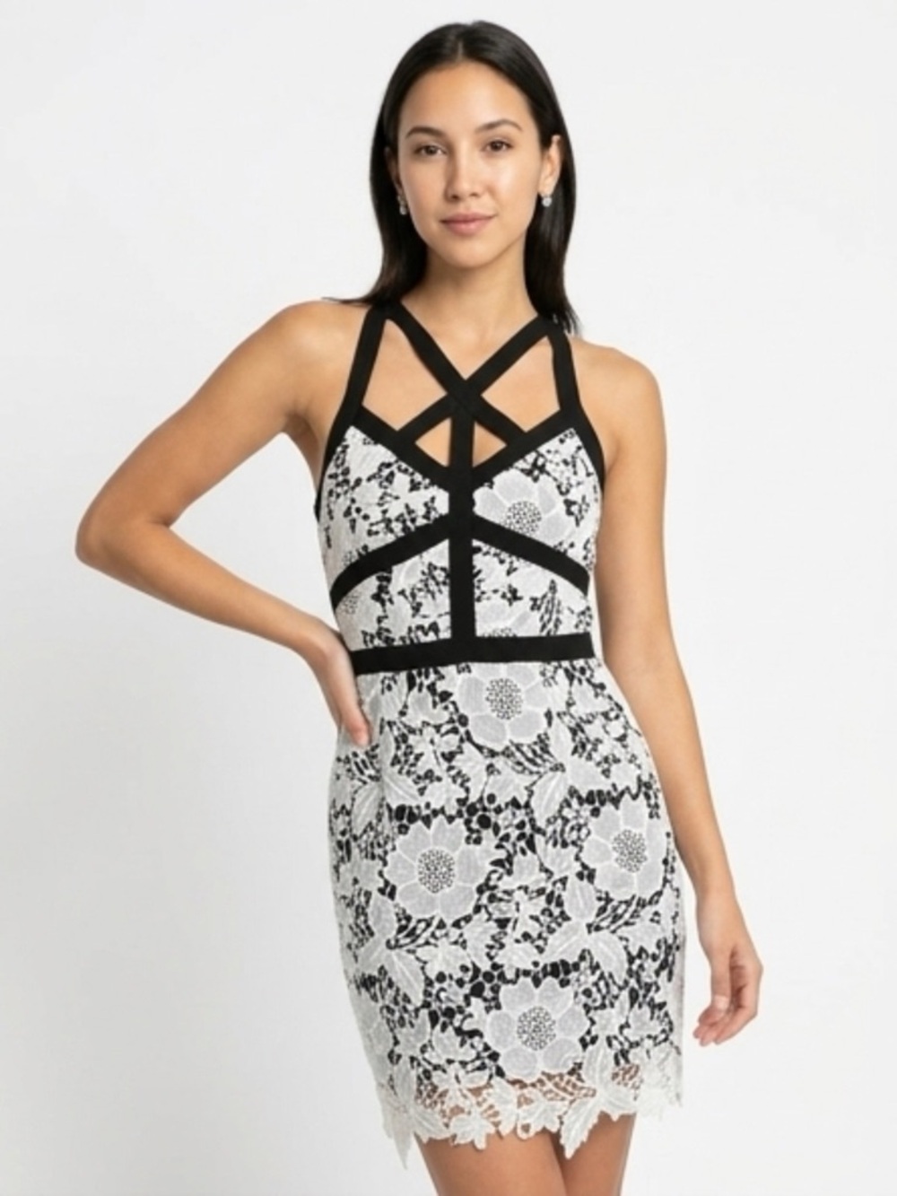 Lush Black and White Lace Mini Dress with Strappy Bodice
